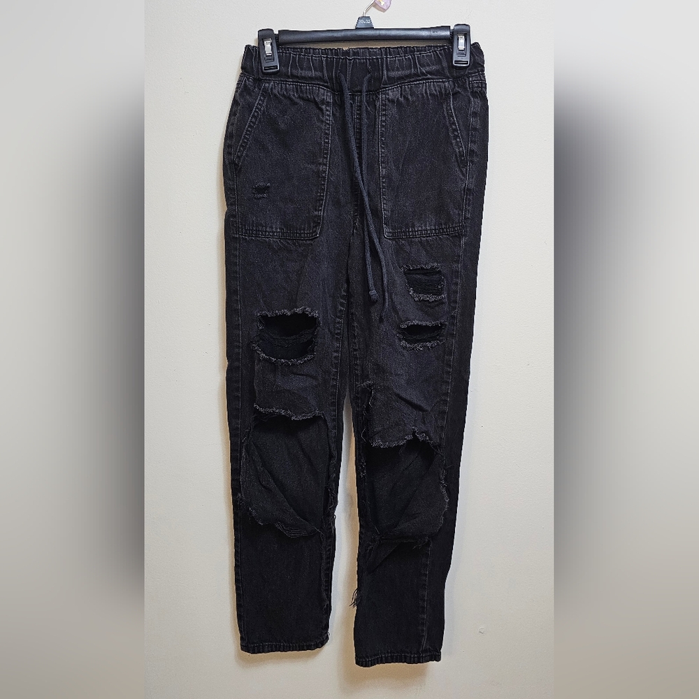 So Sz 0/24 black super high‎ rise jogger pull on drawstring distressed